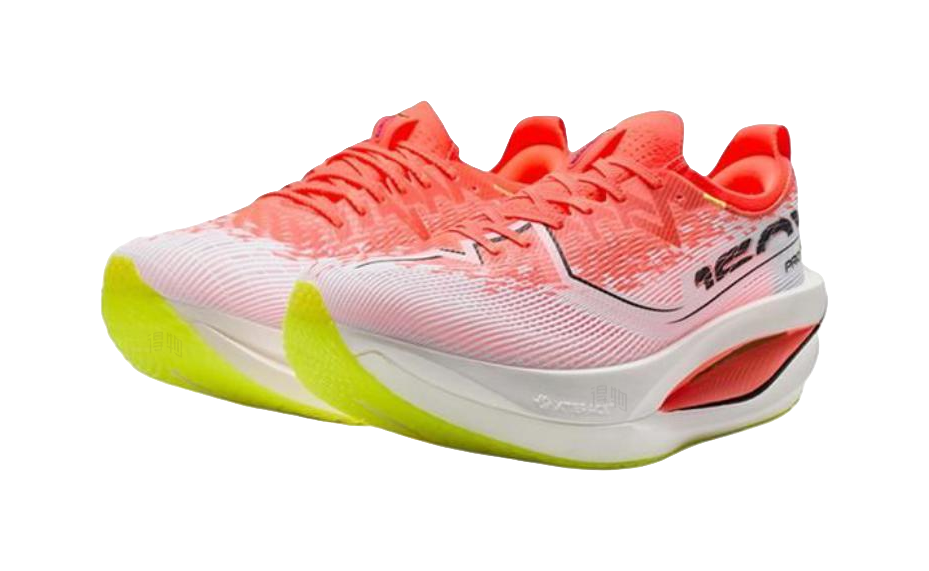 Marathon racing shoes, pink and red knit upper with black logo, white midsole, red side fin