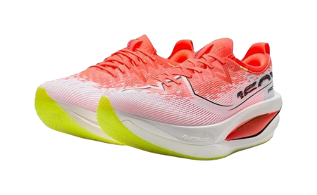 Marathon racing shoes, pink and red knit upper with black logo, white midsole, red side fin
