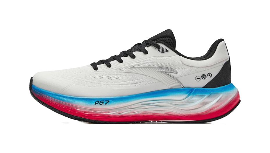 Men's low-top running shoes, white upper with blue/red midsole, black laces