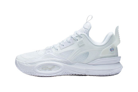 White basketball shoe with lace-up closure, padded collar, and textured side panels