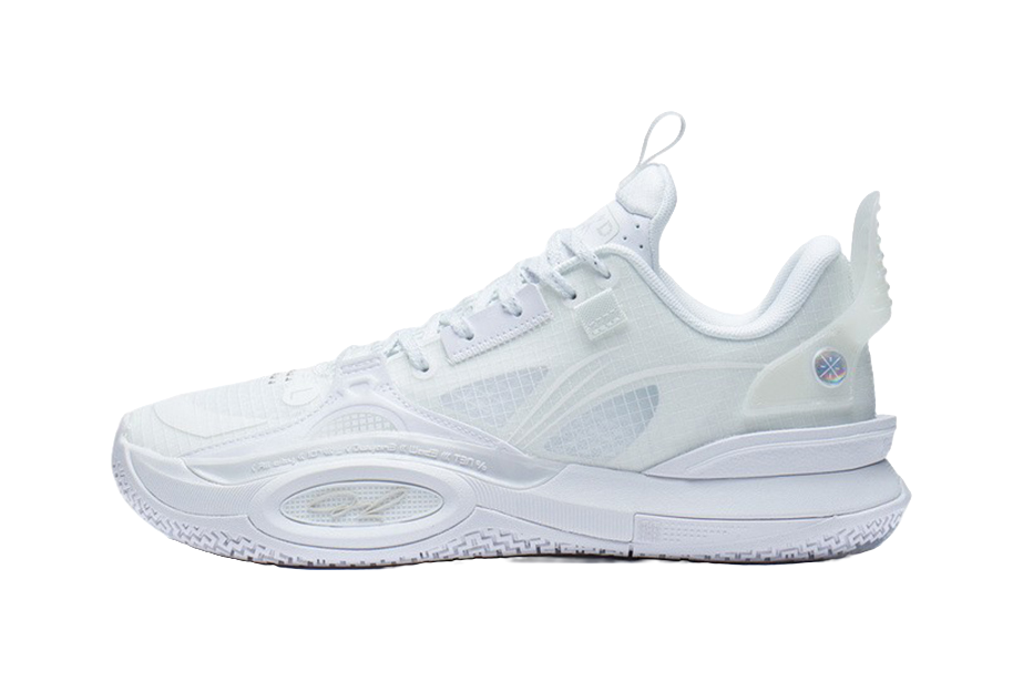 White basketball shoe with lace-up closure, padded collar, and textured side panels