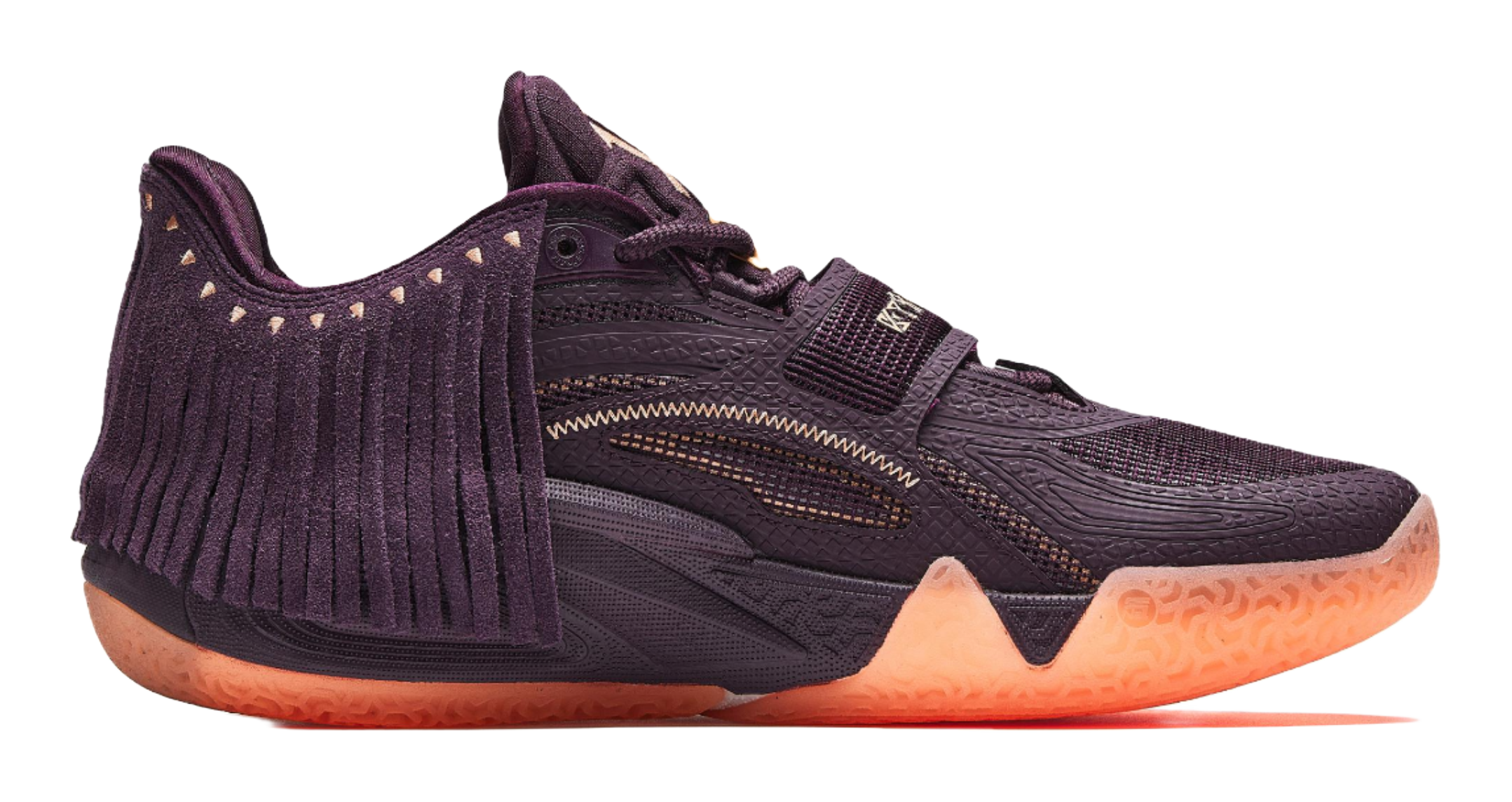 Purple basketball shoe side view, lace-up with patterned strap and fringe detail