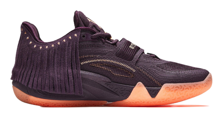 Purple basketball shoe side view, lace-up with patterned strap and fringe detail