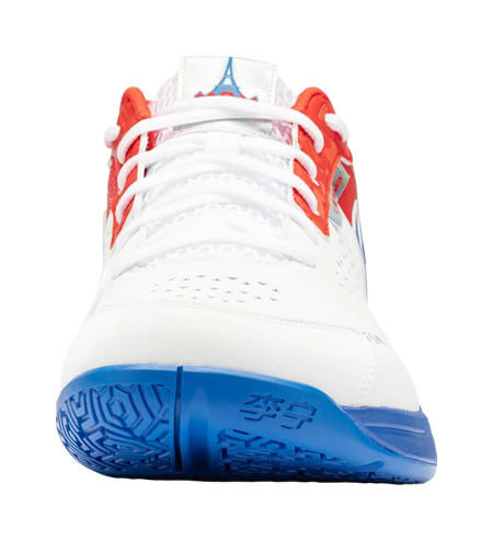 White unisex badminton shoe with red trim, white laces, and blue outsole
