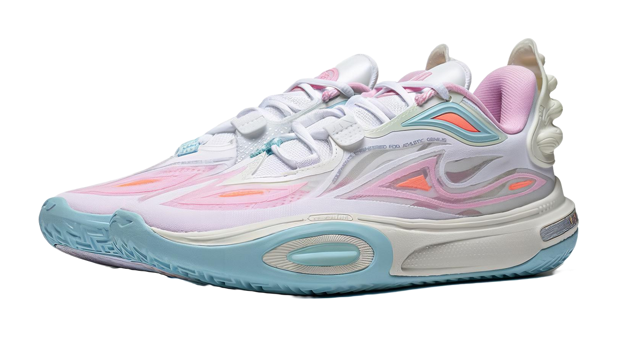 Kids low-top sneakers in white with pink and aqua overlays, textured sole and lace-up