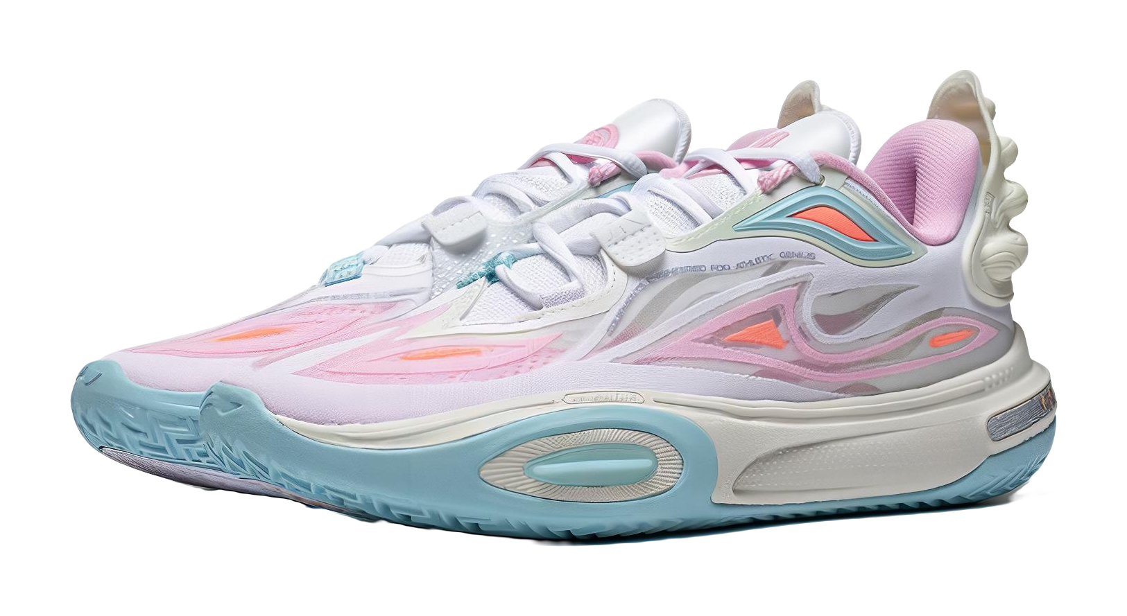 Kids low-top sneakers in white with pink and aqua overlays, textured sole and lace-up