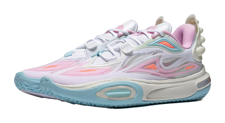 Kids low-top sneakers in white with pink and aqua overlays, textured sole and lace-up