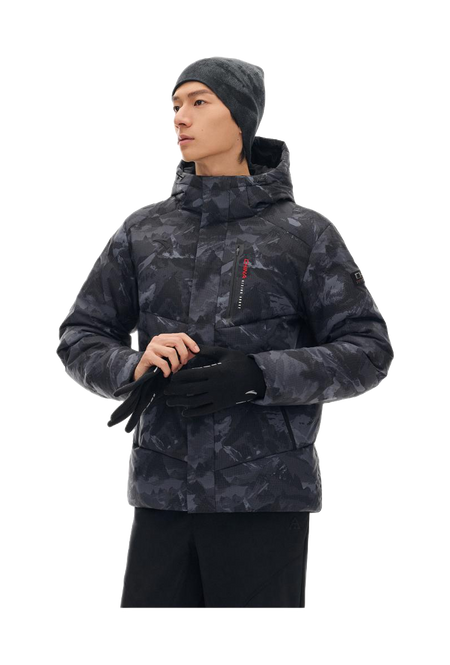 Men's hooded down puffer jacket with camo print, standing collar and front zipper