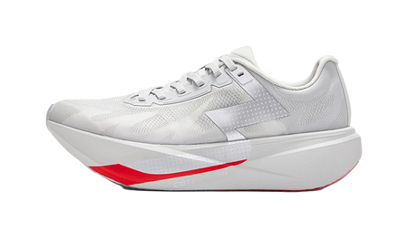 Gray low-top running shoe with lace-up front, textured upper, red/gray sole