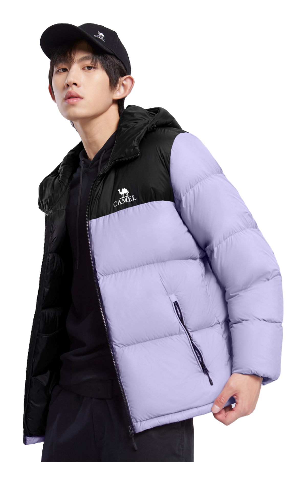 Unisex hooded down jacket with black hood yoke and lavender sleeves, full-zip front.