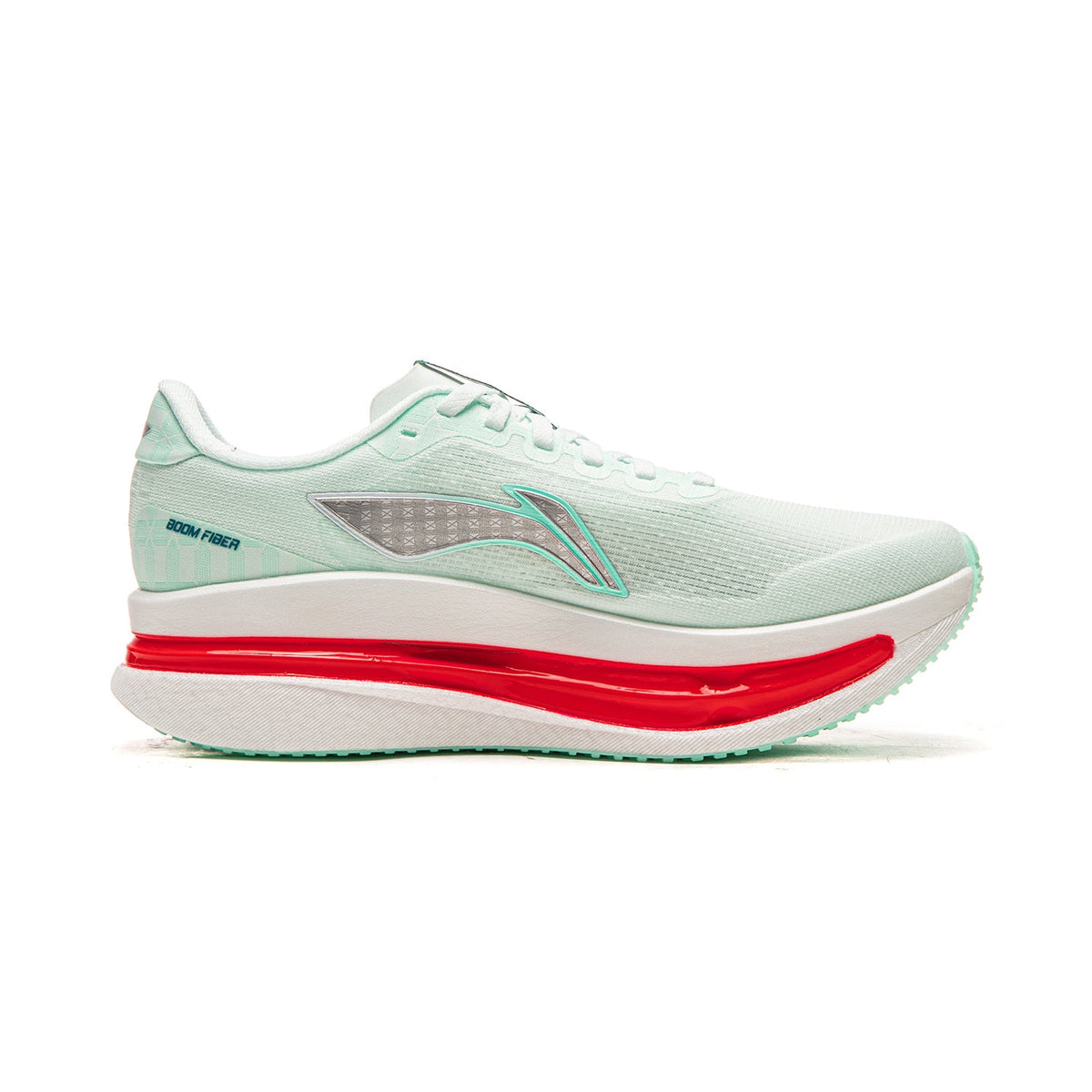 Women's running shoe, ice blue knit upper, graphic panel, red midsole