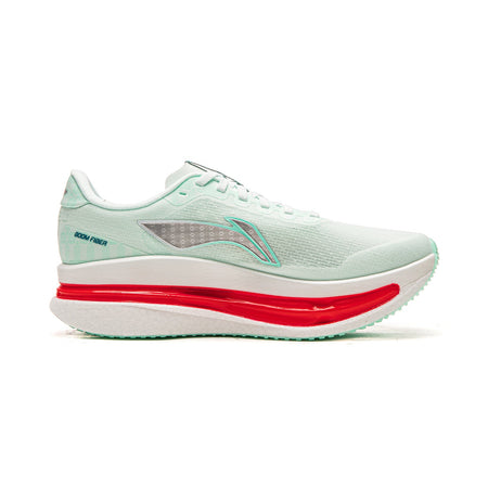 Women's running shoe, ice blue knit upper, graphic panel, red midsole
