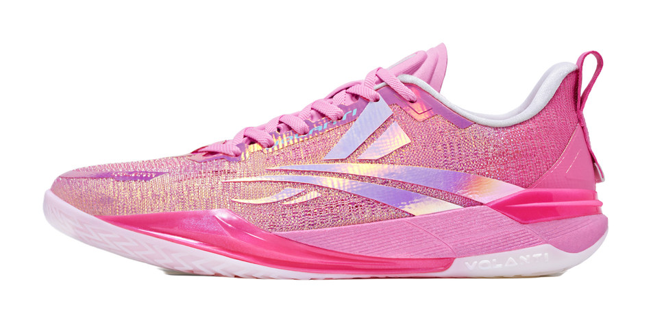 Unisex pink basketball shoes with blue logo, lace-up mesh upper