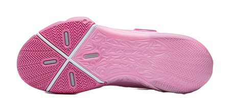 Pink basketball sneaker outsole view with X-shaped traction pattern