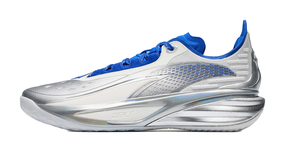 Basketball shoe with white mesh upper, silver accents, and blue laces.