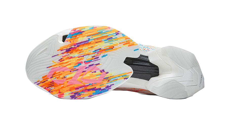 White marathon shoe with orange, purple, and blue patterned upper and rugged sole.