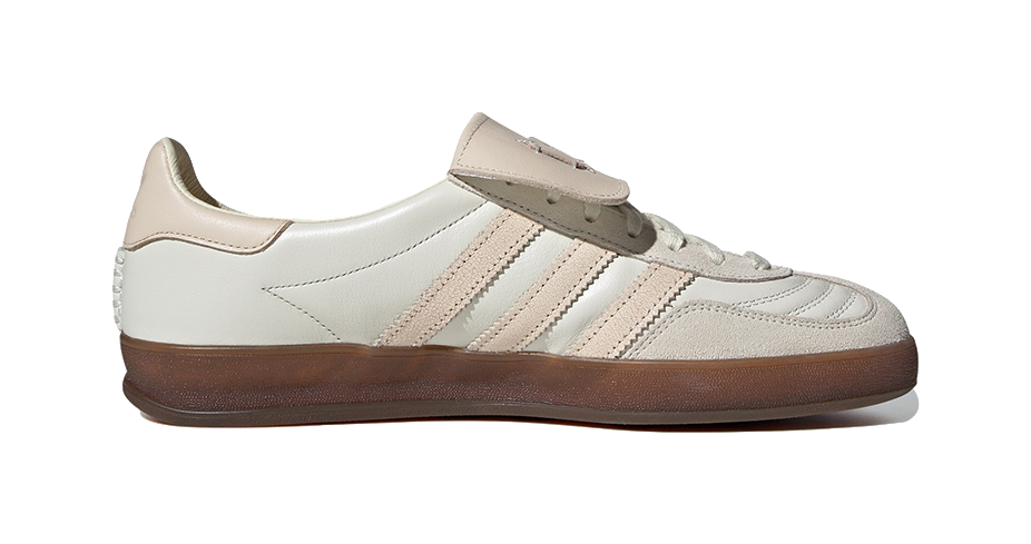 Ecru Gazelle indoor sneakers with lace-up, strap detail, and gum sole