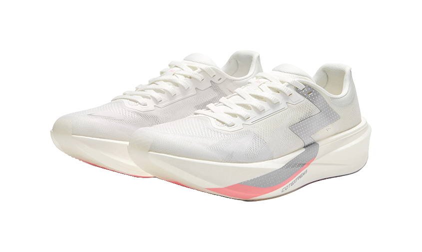 Low running shoe pair, silver white with gray midfoot panel and sculpted sole.
