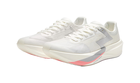 Low running shoe pair, silver white with gray midfoot panel and sculpted sole.
