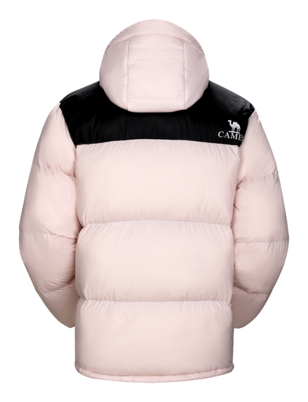 Light pink hooded puffer jacket with CAMEL logo on right chest