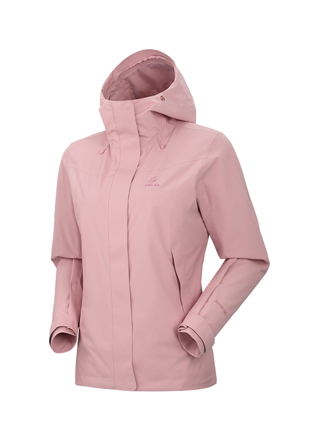 Women's hooded windbreaker jacket in light pink, front zipper, adjustable cuffs