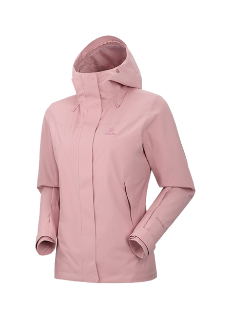 Women's hooded windbreaker jacket in light pink, front zipper, adjustable cuffs