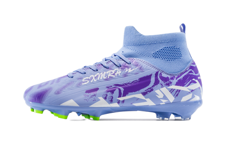 Unisex FG soccer cleat in light purple and blue, lace-up with patterned upper