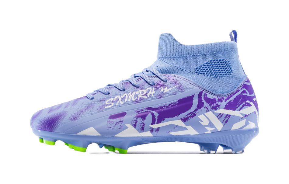 Unisex FG soccer cleat in light purple and blue, lace-up with patterned upper
