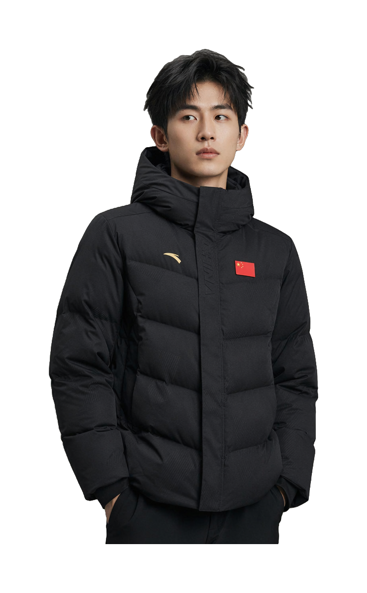 Men's black hooded down puffer jacket with zipper and chest logo patch