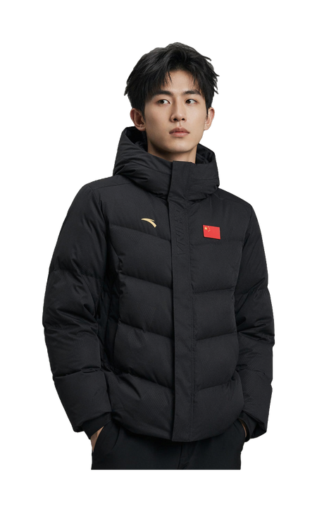 Men's black hooded down puffer jacket with zipper and chest logo patch