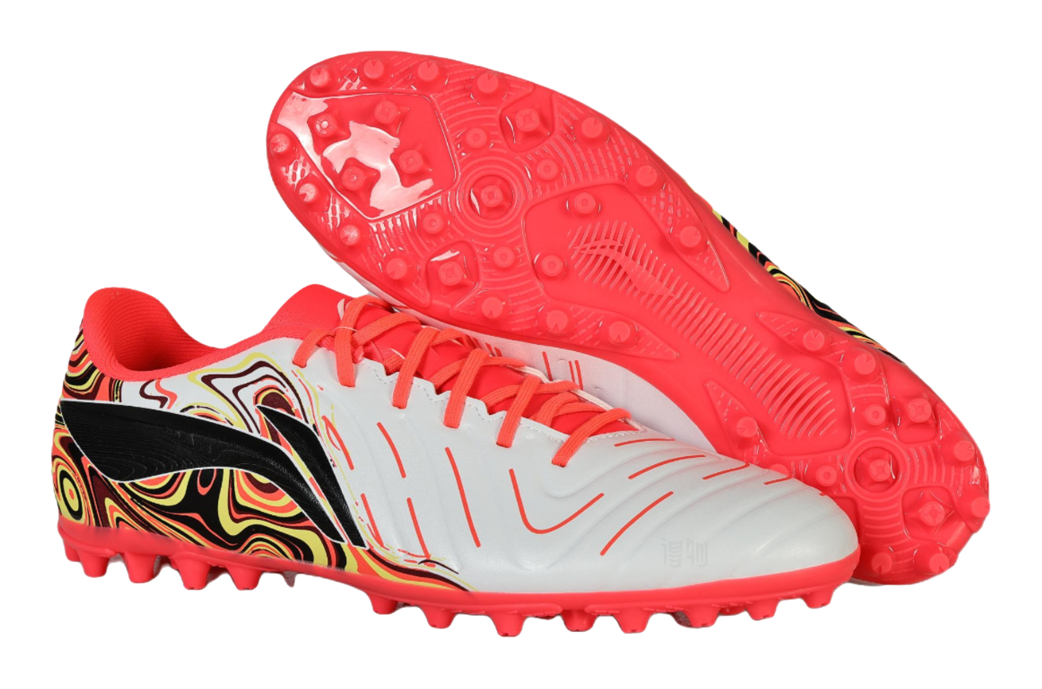 Unisex soccer shoe pair: white/red upper with swirl panel and red stud outsoles