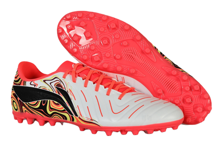 Unisex soccer shoe pair: white/red upper with swirl panel and red stud outsoles