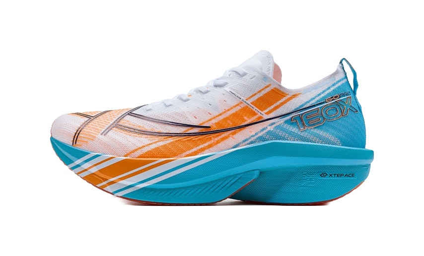 Men's low-top running shoes in white, orange, and blue with breathable upper