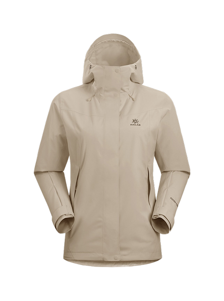 Women's light beige windbreaker jacket with adjustable hood, zip front, and side pockets.