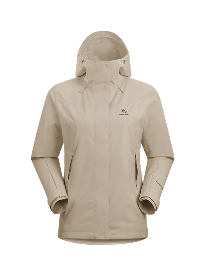 Women's light beige windbreaker jacket with adjustable hood, zip front, and side pockets.