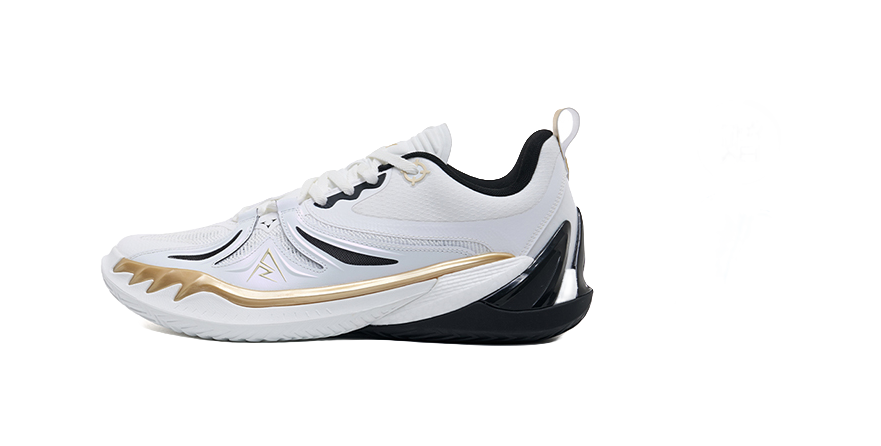 Rigorer basketball shoe side view in white with black panels and gold trim, lace-up