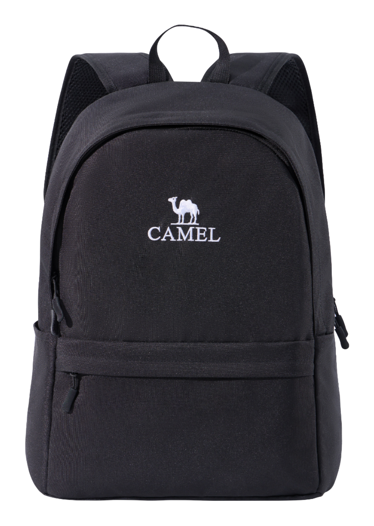 Black 18L outdoor backpack with front zip pocket and top handle, CAMEL logo.