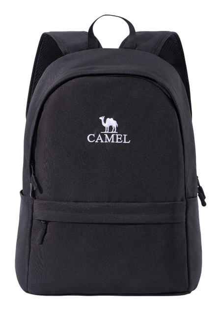 Black 18L outdoor backpack with front zip pocket and top handle, CAMEL logo.