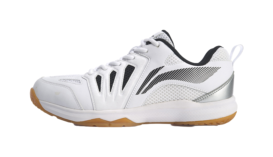 Unisex badminton shoe, white leather and mesh upper with black stripe detail