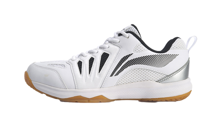 Unisex badminton shoe, white leather and mesh upper with black stripe detail