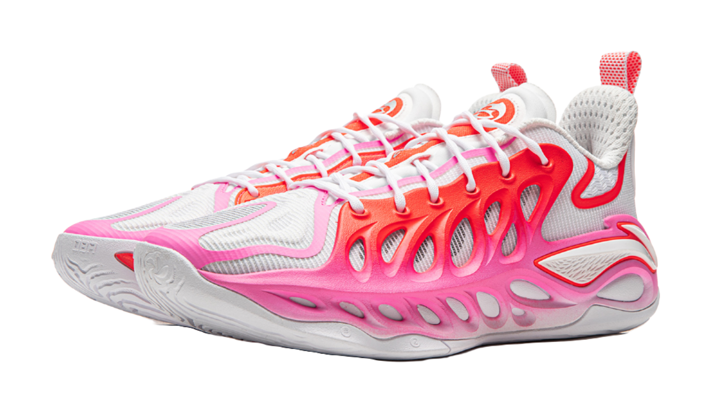Unisex basketball shoe, toe-side angle with pink, red, and white layered design