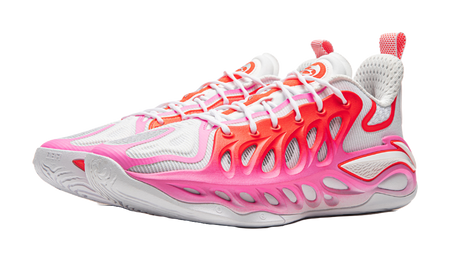Unisex basketball shoe, toe-side angle with pink, red, and white layered design