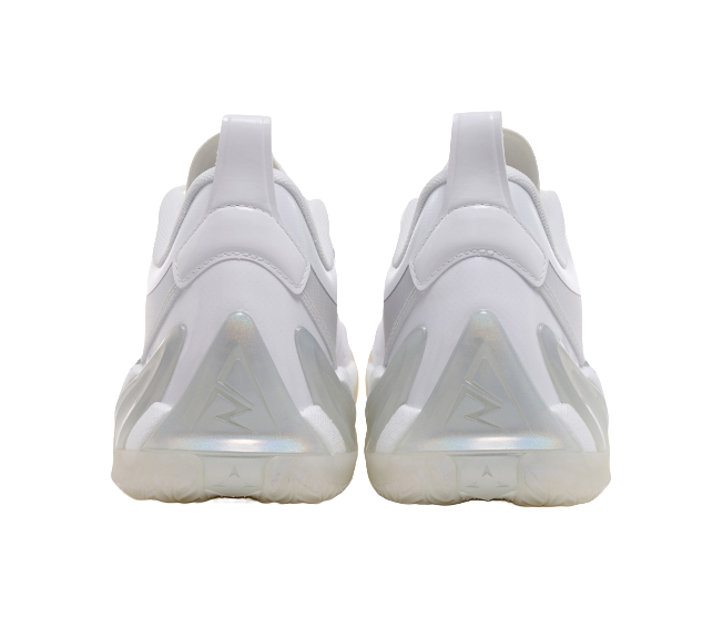 White basketball shoes with molded heel counter and cushioned sole