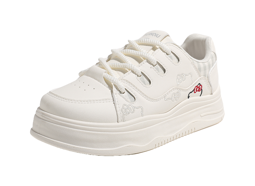 HUANQIU Women's Embroidered Kitten Skateboard Shoes - Sweet & Cute Low-Top Design with Height Increase & Shock Absorption 