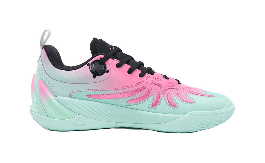 Lace-up basketball shoe in pink and mint with black accents and textured midsole