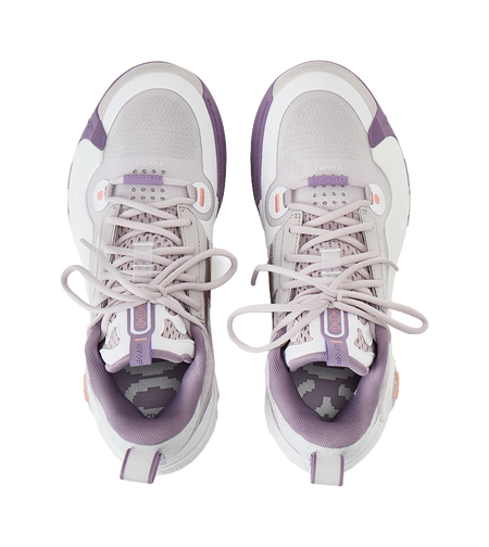 Grey and white low-top basketball shoes with lavender laces and tongue tabs (top view)