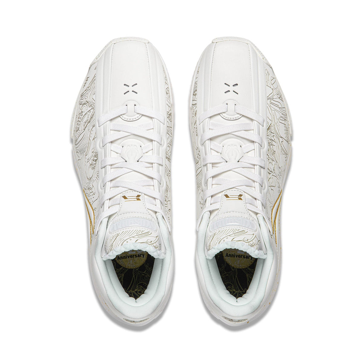 Pair of white basketball shoes, front view with lace system and patterned panels