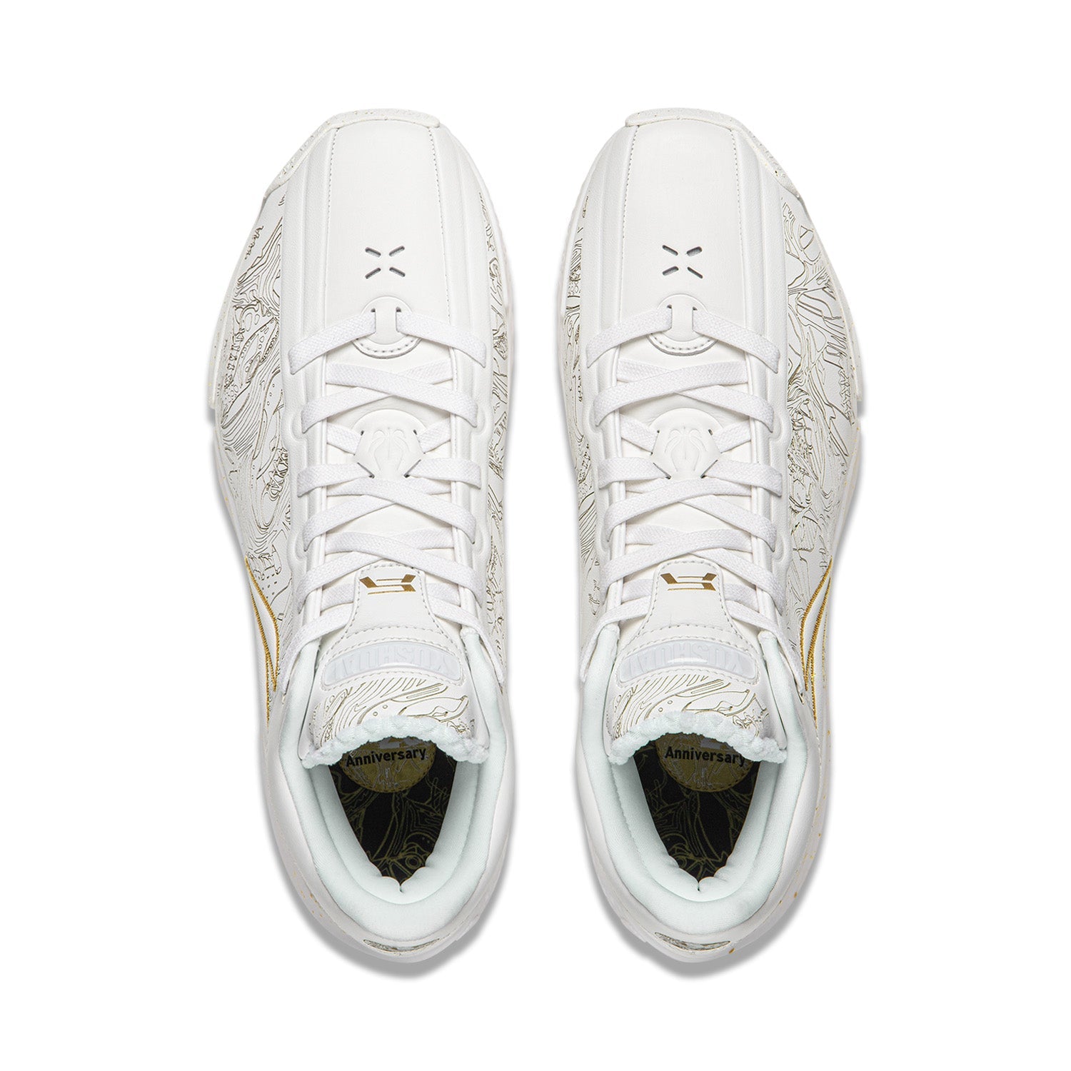 Pair of white basketball shoes, front view with lace system and patterned panels