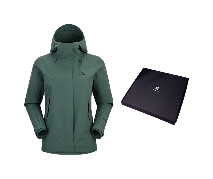 Women's dark green windbreaker jacket with adjustable hood, zip front, and side pockets.