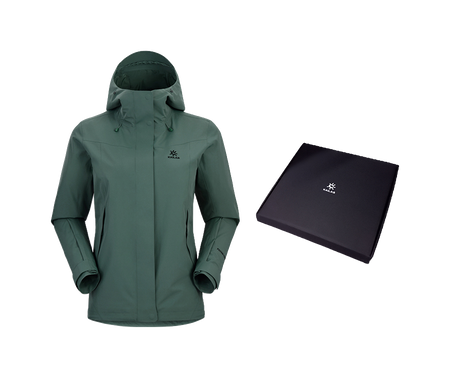 Women's dark green windbreaker jacket with adjustable hood, zip front, and side pockets.